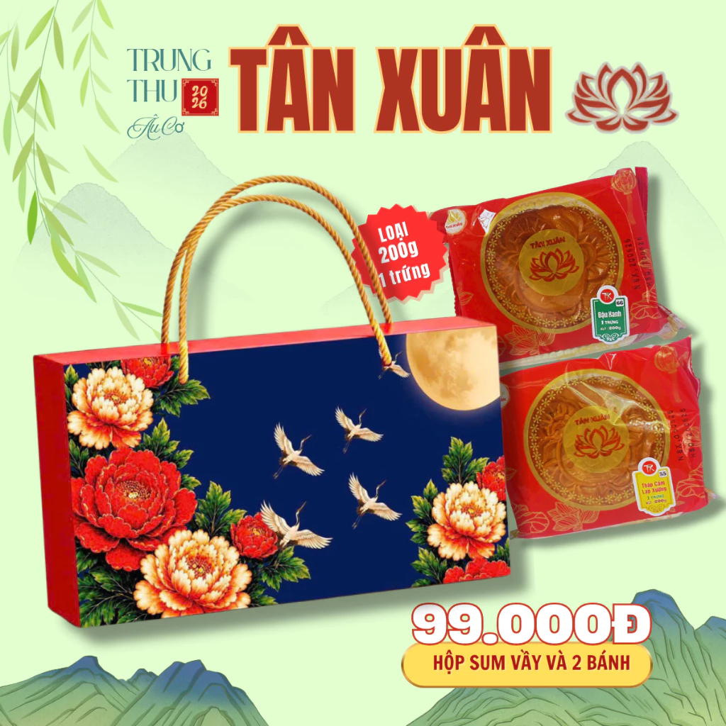 Hộp đẹp kèm 2 bánh trung thu Tân Xuân loại 200gr