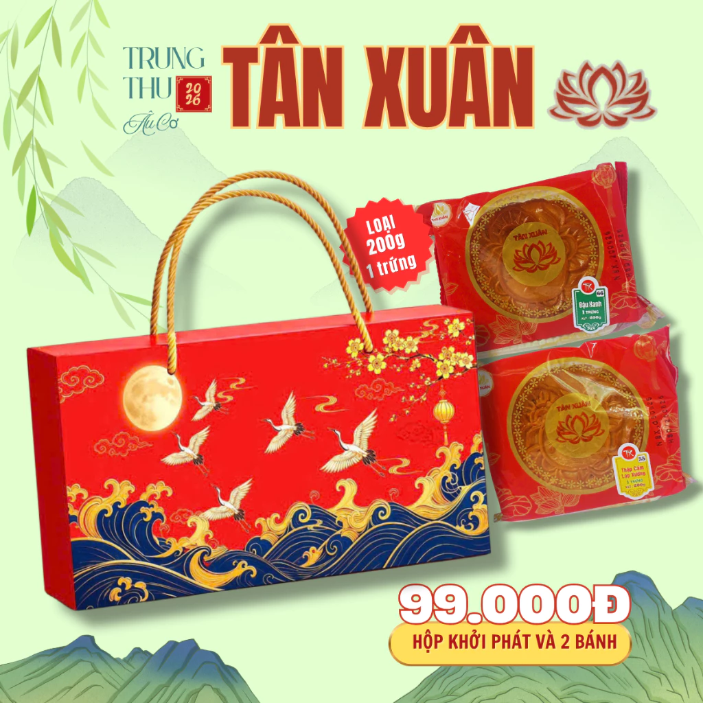 Hộp đẹp kèm 2 bánh trung thu Tân Xuân loại 200gr