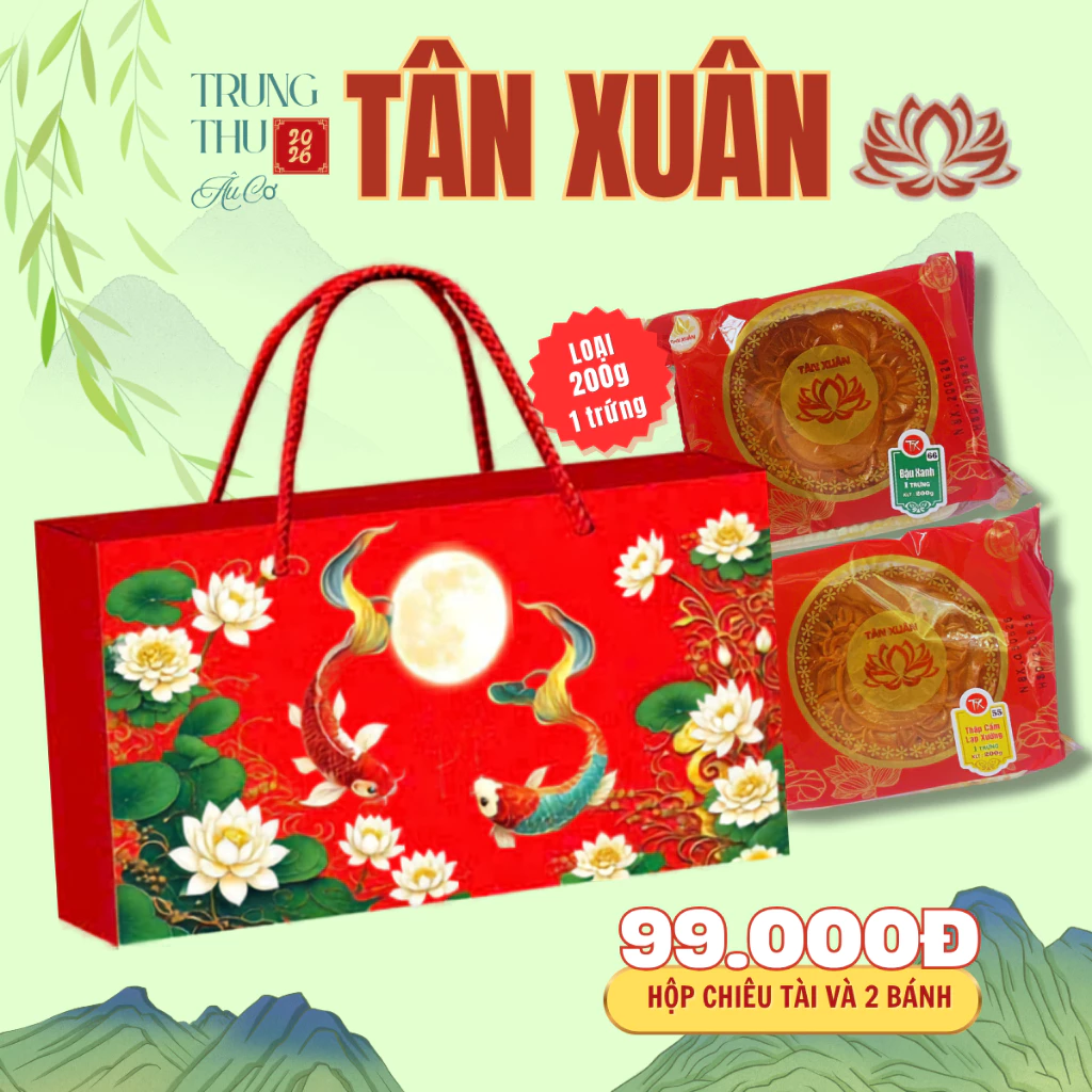 Hộp đẹp kèm 2 bánh trung thu Tân Xuân loại 200gr