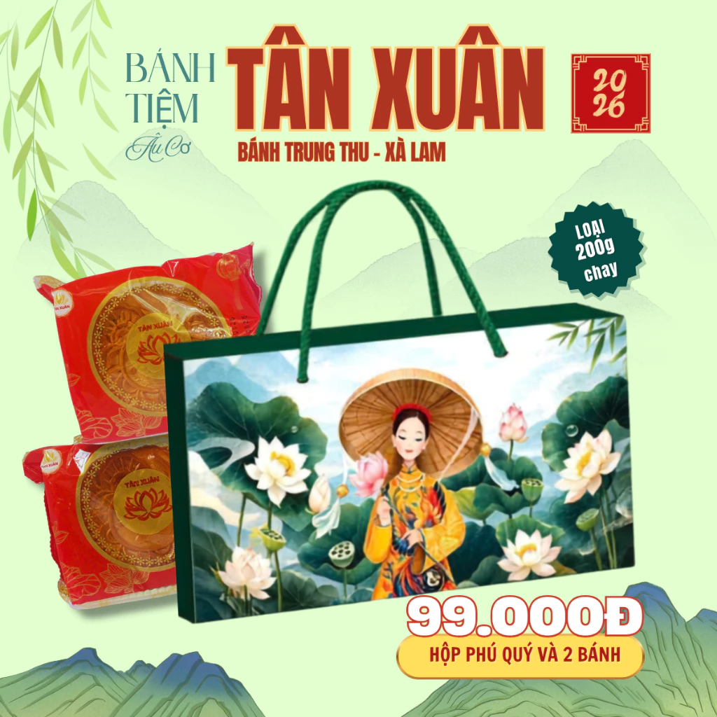 Hộp đẹp kèm 2 bánh trung thu Tân Xuân loại 200gr