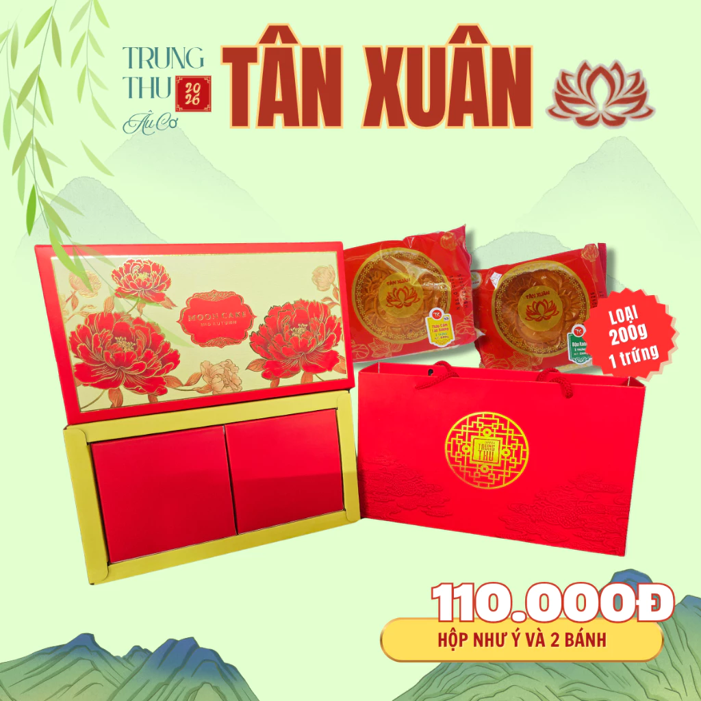 Hộp đẹp kèm 2 bánh trung thu Tân Xuân loại 200gr