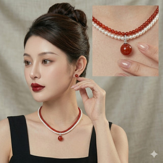 [N1067] Vòng Cổ Dây Chuyền Ngọc, Chuỗi Hạt Ngọc Trai Nhân Tạo 2 Dây Trắng Đỏ, Sang Trọng Cho Nữ, Phù Hợp Mang Nhiều Dịp.