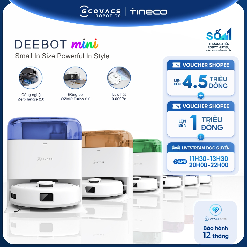 Robot hút bụi lau nhà Ecovacs Deebot Mini - Lực hút 9000Pa - Pin 3200mAh - Trạm sạc OMNI nhỏ gọn - Bảo Hành 12 Tháng