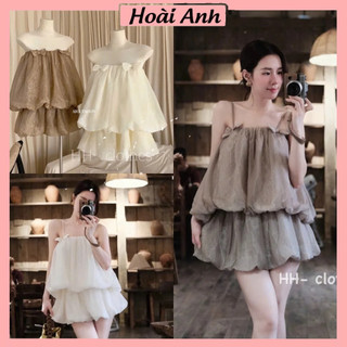 Set Bộ Đồ Nữ Ren Mềm Áo 2 Dây Dáng Bí Phồng Đính Nơ Ngực Mix Chân Váy Bí 2 Lớp
