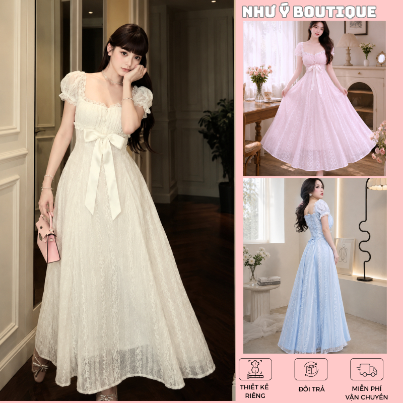 Đầm dáng dài thắt nơ tay phồng phối ren lưng chun tiểu thư Như Ý Boutique