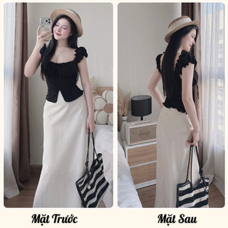 Set đồ nữ đi chơi áo kiểu cổ vuông tay bồng mix chân váy maxi chấm bi dáng dài vintage tôn dáng HCOM27096
