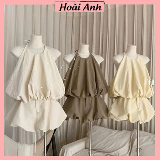 Set Bộ Đồ Nữ Gió Mềm TRơn Áo Yếm Phồng Dây Nơ Cổ Mix Chân Váy Bí Phồng