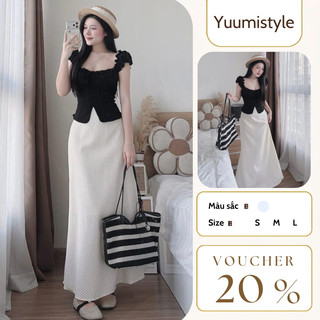 Set đồ nữ đi chơi áo kiểu cổ vuông tay bồng mix chân váy maxi chấm bi dáng dài vintage tôn dáng HCOM27096