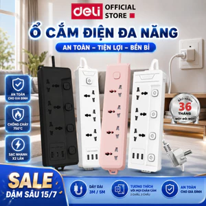 Ổ Cắm Điện DELI 2026 Đa Năng Sạc Nhanh 20W TypeC USB Ổ Điện Nhiều Lỗ Công Suất 2500W Lõi Chống Giật Dây 3M/5M