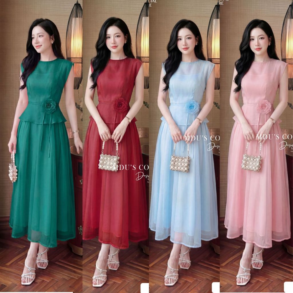 Váy Thiết Kế ADELA DESIGN Tơ Óng Hàn Dáng Peplum Đính Hoa BST MDU6462