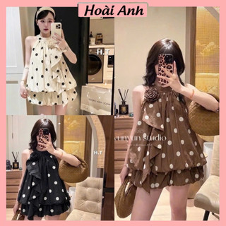 Set Bộ Đồ Nữ Chấm Bi TO Áo Cổ Yếm Đính Hoa Nổi Bèo Dây PHồng Gấu Mix Chân Váy Bí 2 Lớp