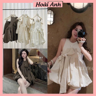 Set Bộ Đồ Nữ Gió Nhăn Áo Sát Nách Gấu Phồng Dây Nơ To Nổi Cổ Tròn Mix Quần Sooc Đùi