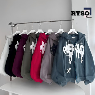 Áo Khoác Hoodie Zip Nỉ In Nổi Three Strars Khoá Kéo Zip 2 Chiều Form Rộng Nón 2 Lớp AK01 RYSO STORE
