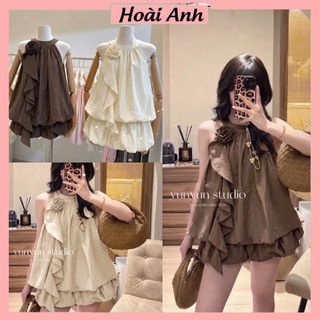 Set Bộ Đồ Nữ Gió Nhăn TRơn Nâu Be Áo Cổ Yếm Hoa To Nổi Phồng Gấu Mix Chân Váy Bí 2 Lớp