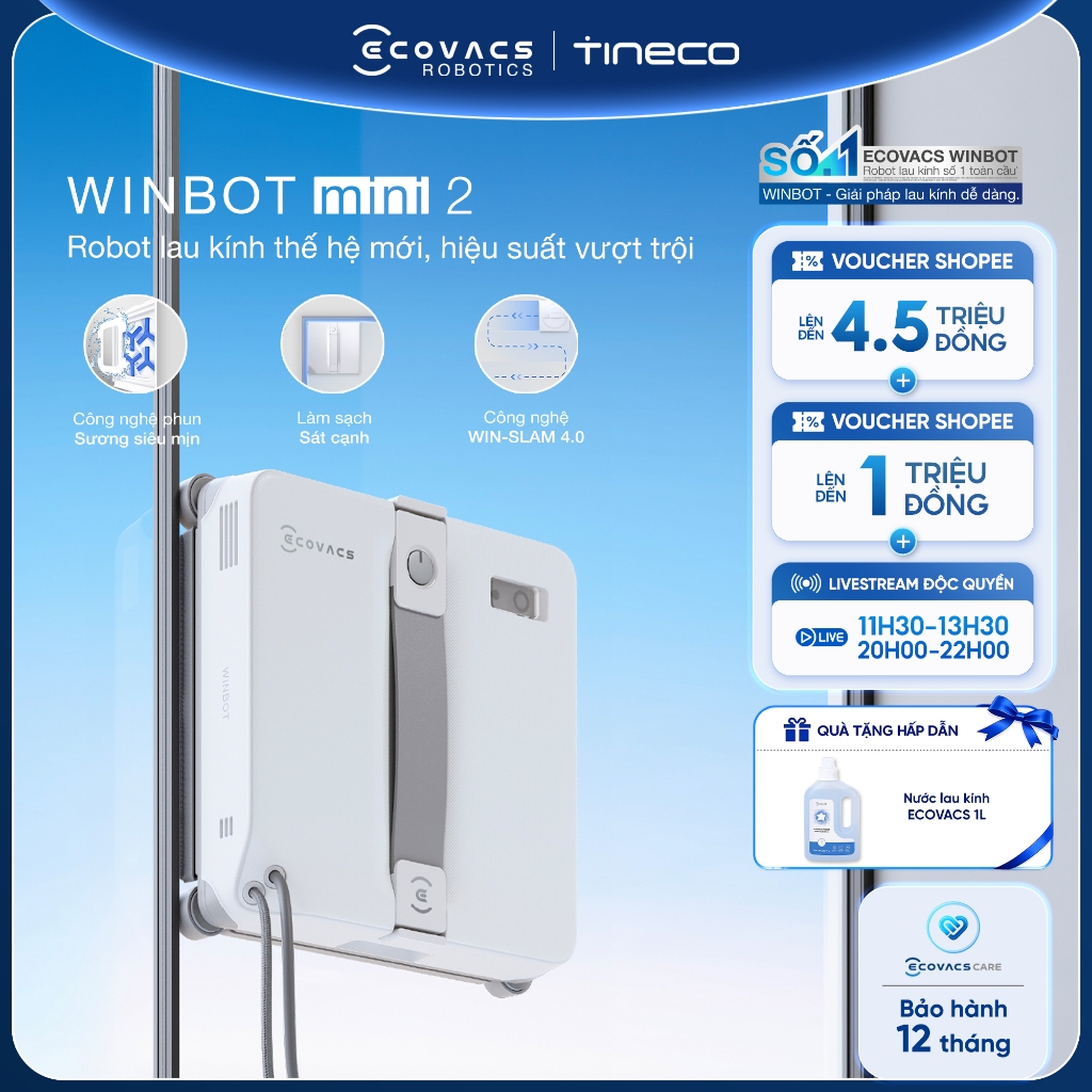 Ecovacs Winbot Mini 2 Robot lau kính | Lực hút tối đa 8000Pa | WIN-SLAM 4.0 | Bảo vệ khi mất điện 30 phút | BH 12 Tháng