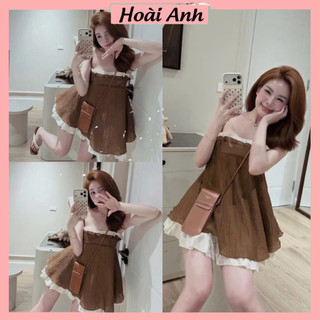 Set Bộ Đồ Nữ Tơ Nhăn Áo 2 Dây 2 Lớp Phối Viền Ren Bèo Ngực Mix Quần Sooc Đùi Chun Gấu Bí
