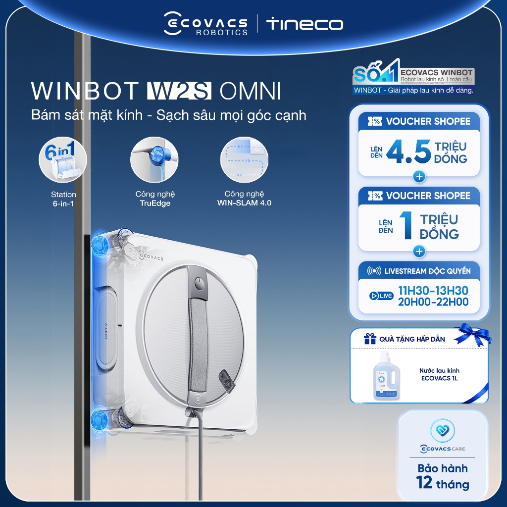 Ecovacs Winbot W2S Omni 2027 Robot lau kính | Trạm đa năng | Chống rơi an toàn | Bảo hành chính hãng 12 tháng