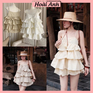 Set Bộ Đồ Nữ Gió Nhăn Áo 2 Dây Ngực Nhún Nơ Bèo Tầng Mix Quần Bí Phồng Gấu