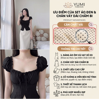 Set đồ nữ đi chơi áo kiểu cổ vuông tay bồng mix chân váy maxi chấm bi dáng dài vintage tôn dáng HCOM27096
