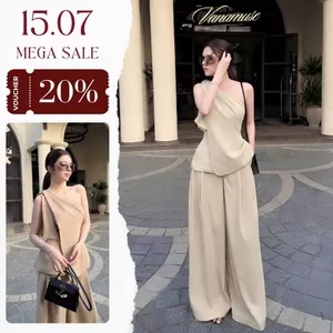Set Áo Lệch Vai Xẻ Tà Phối Quần Suông Dài Chất Liệu Xước Thái Cao Cấp Mặc Đi Du Lịch, Dạo Phố