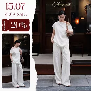 Set Bộ Áo Trễ Vai Mix Quần Suông Chất Liệu Đũi Vân Mây Mềm Thoáng Mát Mặc Đi Du Lịch, Dạo Phố
