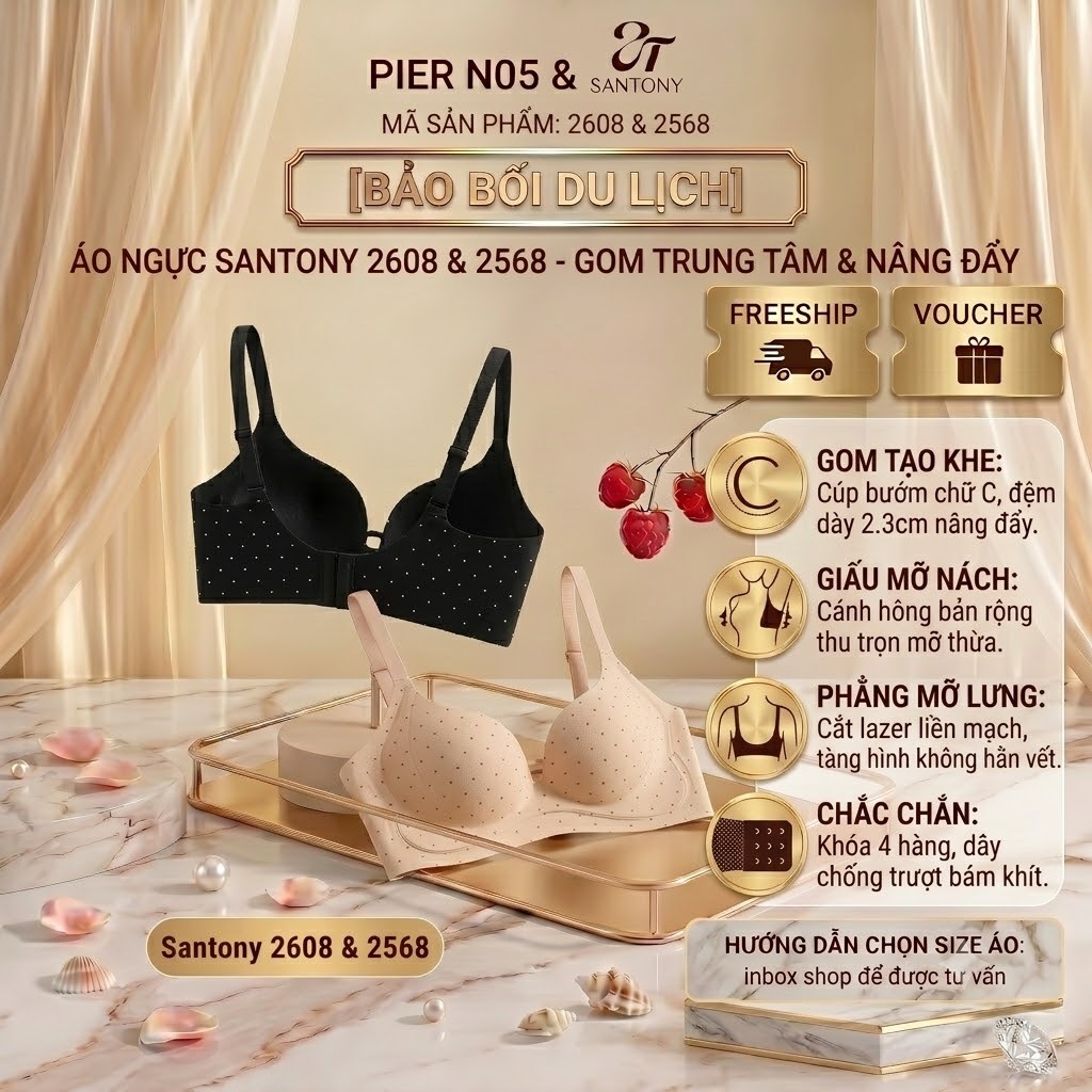 Áo Ngực Không Gọng Santony 2608 & 2568 - Cúp Bướm Chữ C Gom Trung Tâm, Đệm Dày 2.3cm