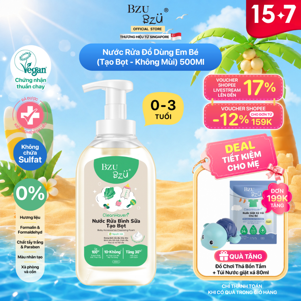 [Phiên bản mới] Nước Rửa Bình Sữa, Rau Củ Quả Và Đồ Dùng Em Bé Thuần Chay BZU BZU CleanHaven Tạo Bọt 500ml, Không Mùi