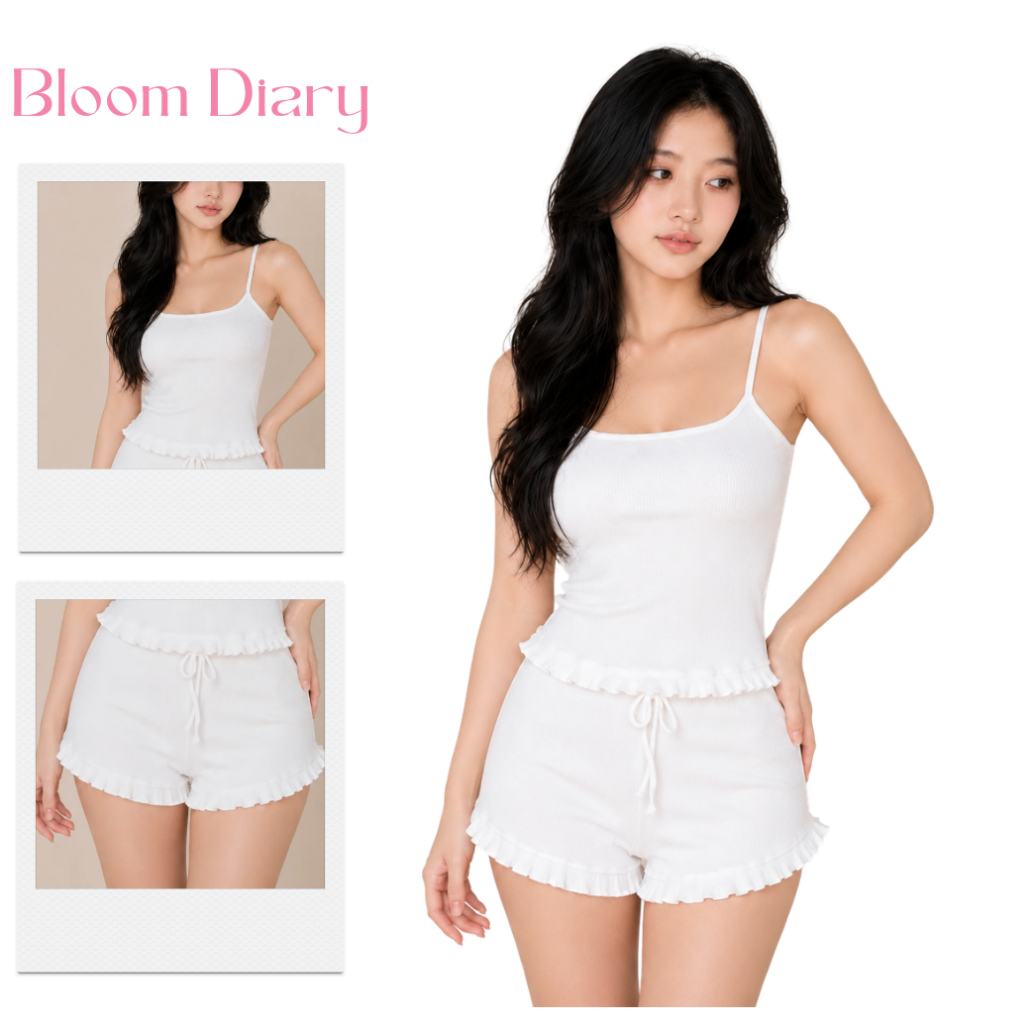 Set Bộ Đồ Ngủ Nữ Áo 2 Dây Viền Bèo Dáng Ôm Và Quần Đùi Dáng Ngắn Viền Bèo Xinh Xắn Chất Gân Len Đũa | BD001