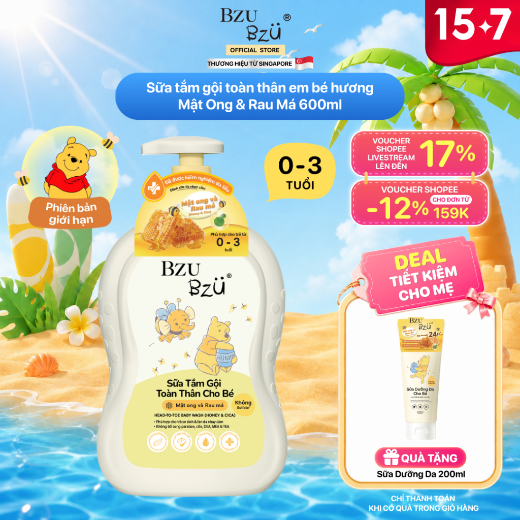 Sữa Tắm Gội Toàn Thân Em Bé Hương Mật Ong Và Rau Má BZU BZU Head to Toe Wash Dịu Nhẹ 600ml