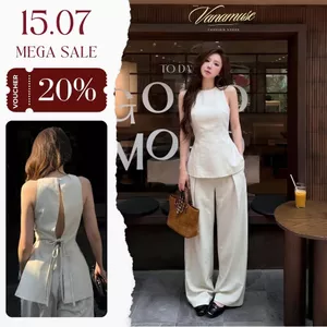Set Áo Sát Nách Phối Dây Hở Lưng Mix Quần Suông Chất Liệu Linen Mềm Mặc Đi Du Lịch, Dạo Phố