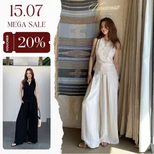 Set Áo Cổ Xẻ 2 Lớp Phối Dây Thắt Eo Mix Quần Suông Dài Chất Liệu Đũi Mềm Mặc Đi Du Lịch, Đi Làm