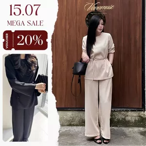 Set Áo Dài Tay Cổ Tròn Mix Quần Xuông Ống Rộng Phối Dây Lưng Thắt Nơ Chất Trượt Mềm Vana Muse