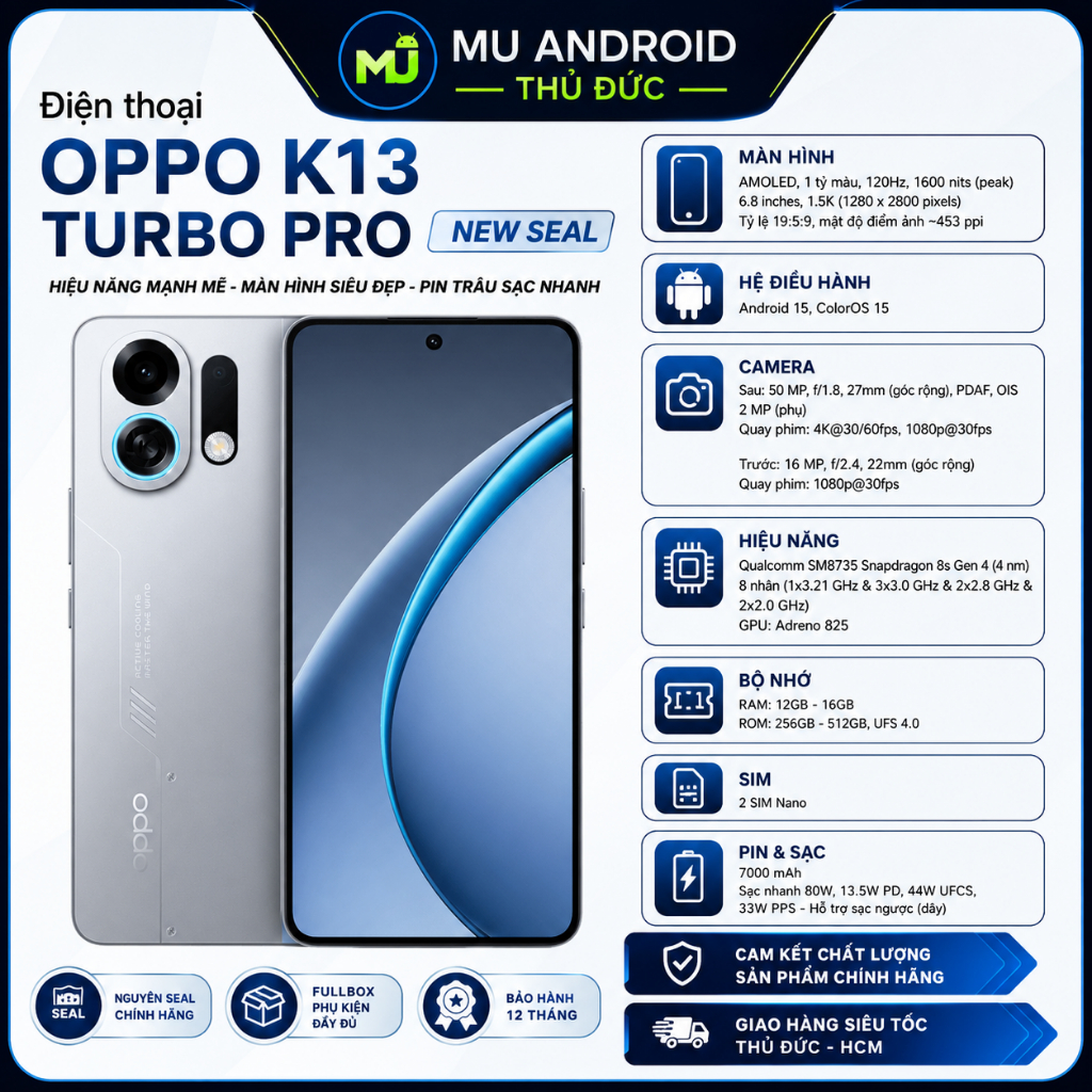 OPPO K13 Turbo Pro New Seal , Snapdragon 8s Gen 4, Pin 7000mAh, Sạc 80W ,Bảo Hành 12 Tháng