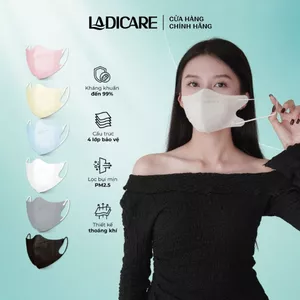 Khẩu trang 5D LADICARE [Set 200 Cái] 4 lớp kháng khuẩn hiệu quả, không hằn dây, thoáng mát êm nhẹ