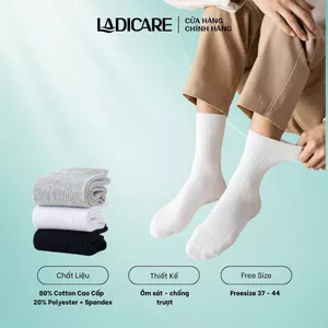 Tất vớ nam nữ LADICARE sợi tự nhiên gân trơn thời trang 2 màu đen trắng thoáng khí dày dặn