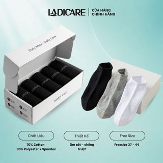 Hộp 10 Tất vớ trơn unisex nam nữ LADICARE sợi cotton thời trang 2 màu trắng đen dày dặn êm ái khử mùi tốt