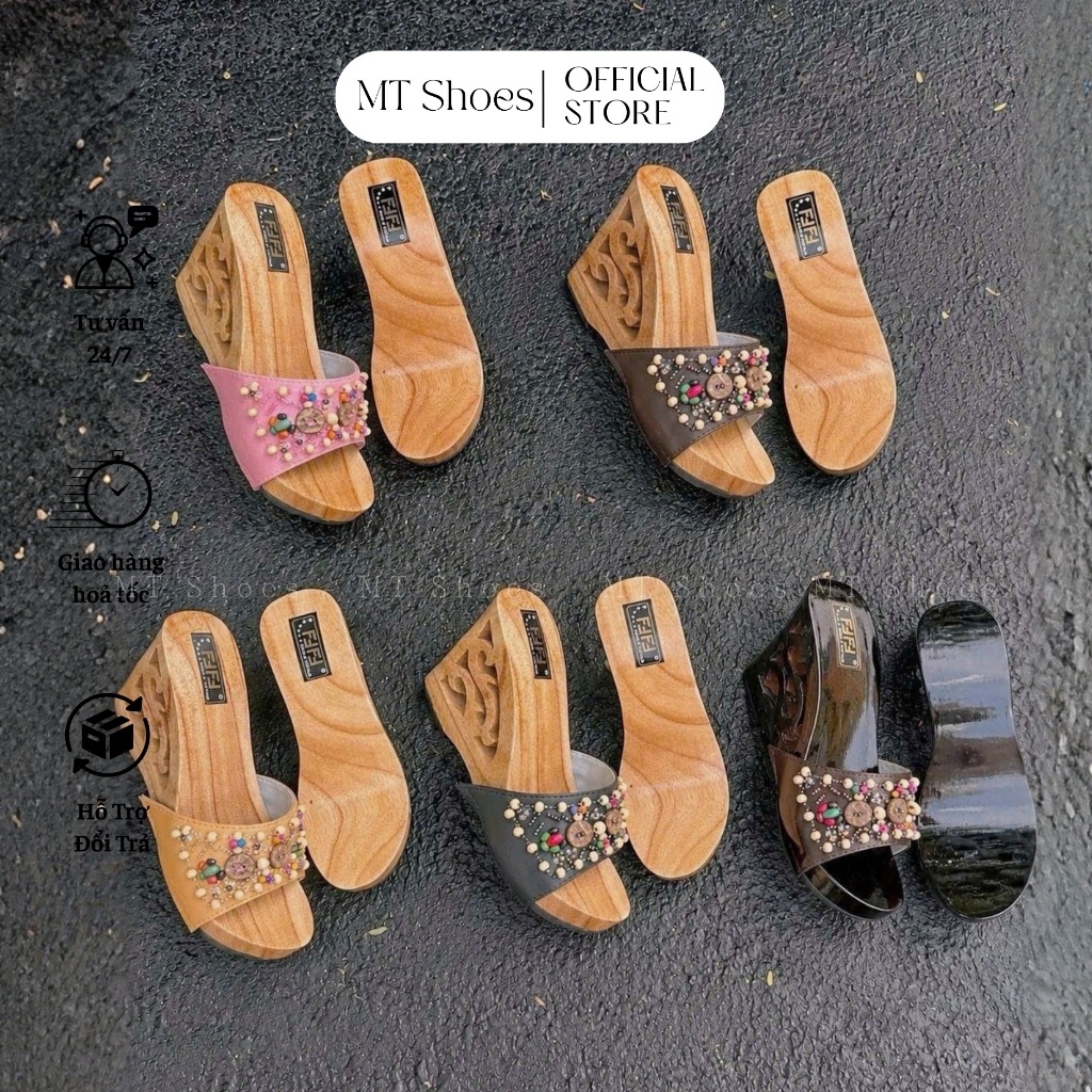 Guốc Gỗ Dép Mộc Nữ Quai Thổ Cẩm Đế Chạm Khắc Cao 3-10 Phân Kiểu Dáng Truyền Thống MT Shoes GM017