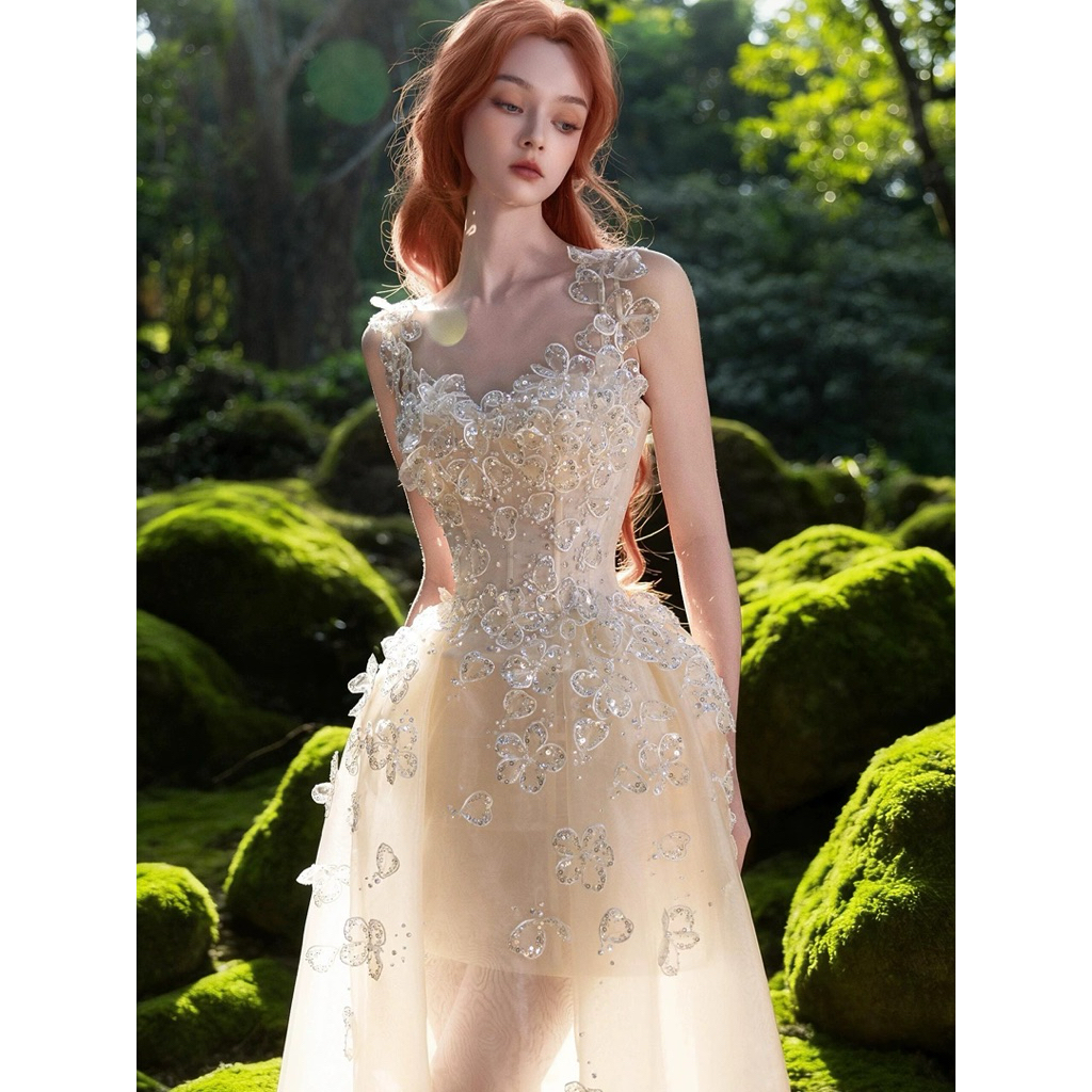 Váy Dạ Hội Dài Phối Lưới Hoa Nổi Đính Sequin Thiết Kế Sang Trọng Dáng Xòe Thanh Lịch Chụp Ảnh Dự Tiệc