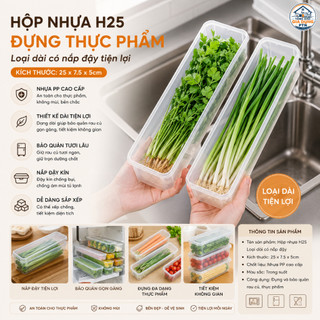 Hộp nhựa H25 (KT: 25x7.5x5cm) đựng hành lá, rau mùi, hành tây, mì ý.... Loại dài có nắp đậy tiện lợi - Trữ đồ tủ lạnh