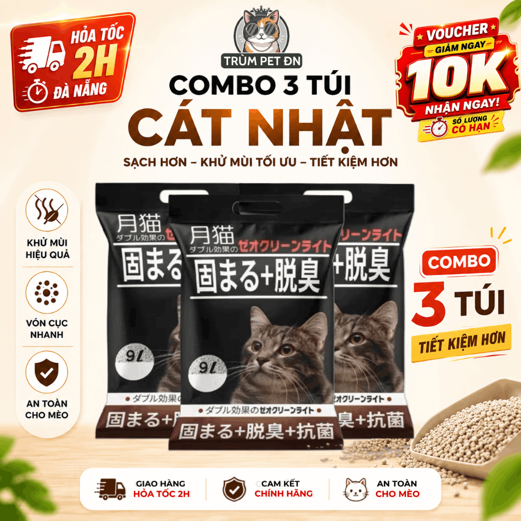 [COMBO 3 TÚI] Cát mèo NHẬT ĐEN 9L Hỗ Trợ Giảm Mùi, Vón Cục Nhanh, Ít Bụi, Hương Dịu Nhẹ, Phù Hợp Cho Mèo Nuôi Trong Nhà