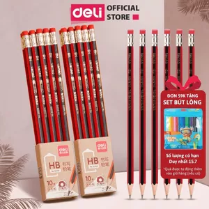 Vỉ 10 bút chì lục giác Deli 2B/HB kèm đầu tẩy - Bút chì viết chất liệu gỗ an toàn dễ gọt phù hợp với học sinh văn phòng
