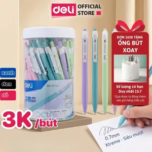 Hộp 50 Bút Bi Bấm Deli Mực Xanh Đen Đỏ Ngòi 0.7mm Viết Đều Trơn Tru Thân Pastel