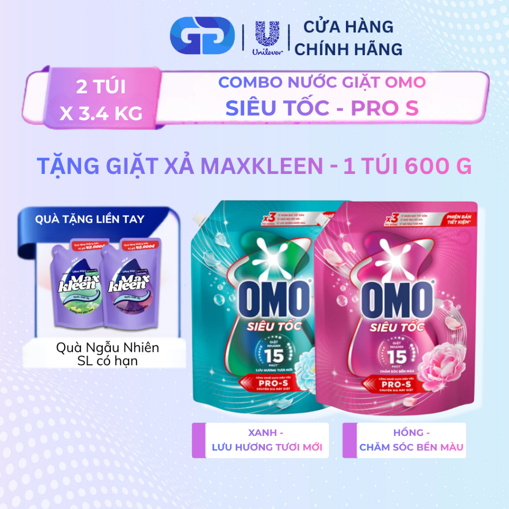 Combo 2 Túi Nước Giặt OMO Siêu Tốc PRO-S X 3.4KG, Lưu Hương Tươi Mới, Chăm Sóc Bền Màu