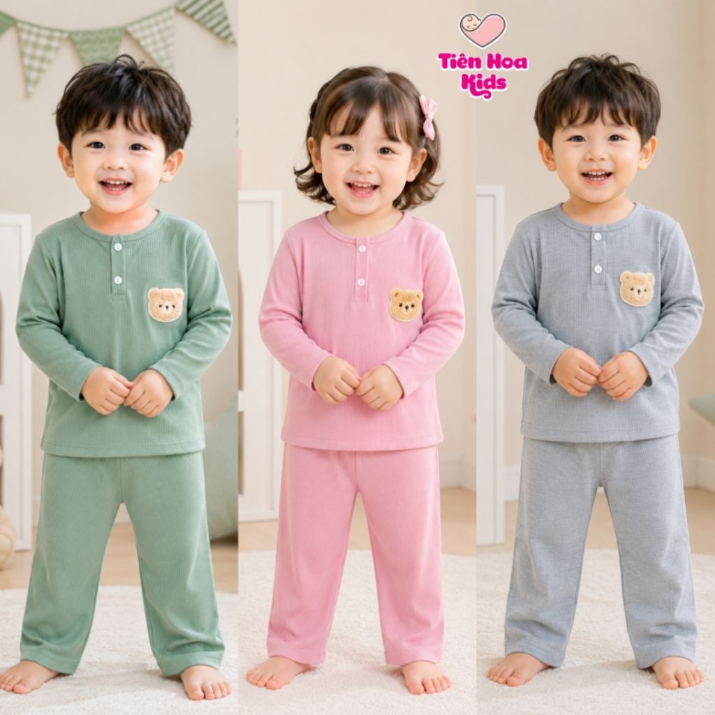 [Bé 7-32kg] Bộ Dài Tay Thun Gân Tăm Cổ Trụ Thêu Gấu TIÊN HOA KIDS Cho Bé Gái Bé Trai Mềm mịn mát - Bộ Quần áo thu đông