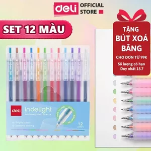Set 12 màu bút bi nước mực gel bấm nhiều màu 0.5mm Deli nhanh khô viết trơn tru xinh xắn