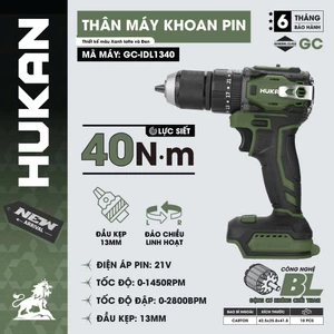 Máy Khoan Pin Không Chổi Than HUKAN GC-IDL1340, Khoan 3 Chức Năng, Đầu Kẹp 13mm, Lực Xoắn 40Nm