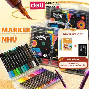 Bút Marker Nhũ Deli Thân Tam Giác - Hộp PP 12/24/36/48 Màu Mực Nhũ Lấp Lánh Vẽ Tranh Decor