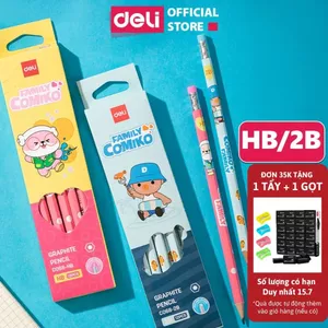 Hộp 12 Bút Chì Học Sinh Deli Thiết Kế Comiko Xinh Xắn - Viết Chì 2B, HB Kèm Đầu Tẩy Luyện Chữ Vẽ Tranh