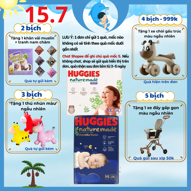 [SP có voucher Live X] Bỉm dán/quần Huggies Nature Made đủ size cho bé NB60/S82/M64/L54/XL44/M58/L44/XL38/2XL24 MECAHEO