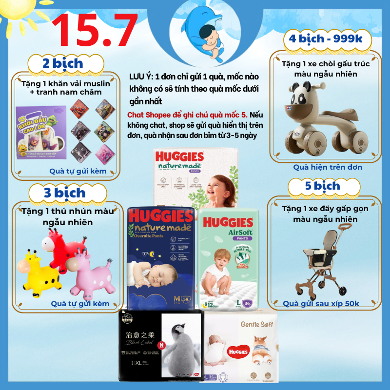 Tã/bỉm quần/ dán Huggies Nature Made NB60/S82/M64/L54/XL44/M58/L44/XL38/2XL26 cho bé từ 5 đến 17kg MECAHEO